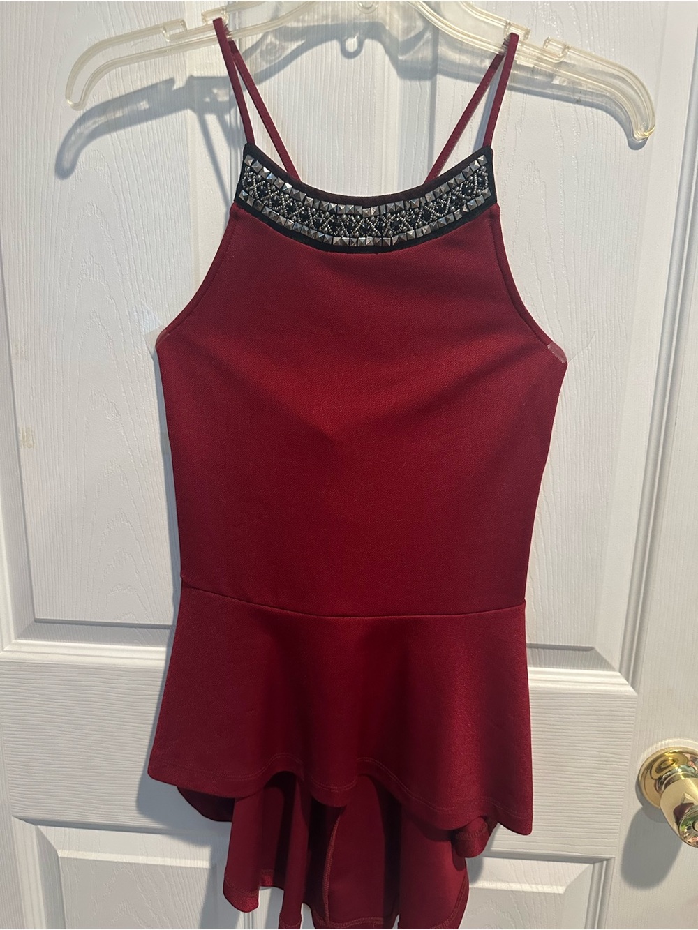 Miss Chievous Burgundy Beaded Halter Peplum Camisole